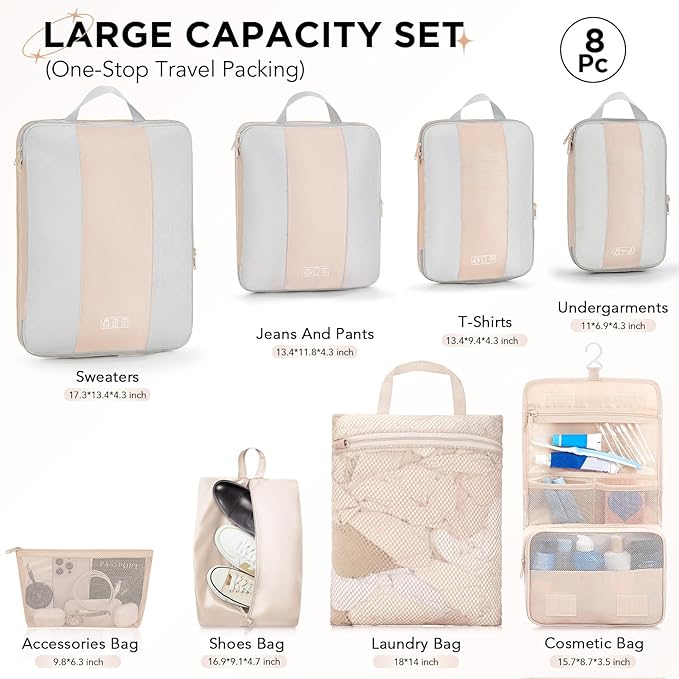 8 Set Compression Packing Cubes for Travel Gifts Women Mom,OlarHike Luggage Clothes Organizer for Travelers,Airplane/Cruise/Car/Train Travel Essentials,Compressible Expandable Saver Space Bags(Beige)