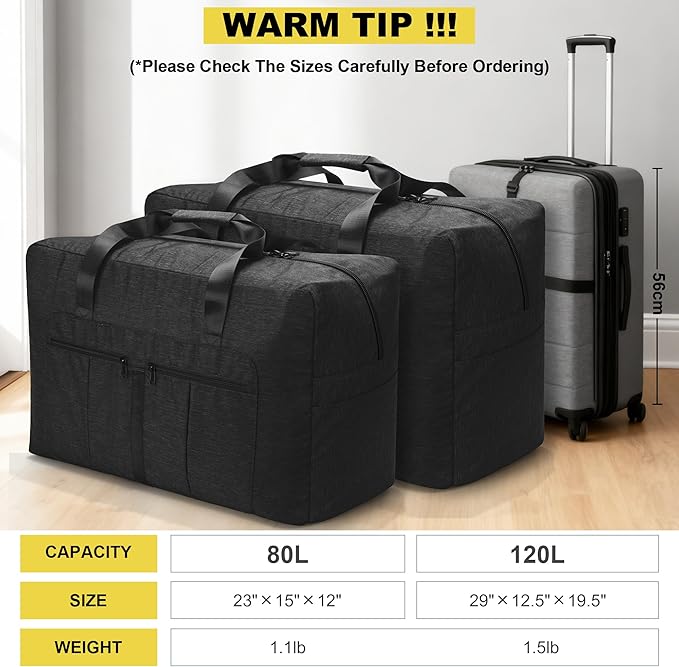 120L Large Duffle Bag for Travel, Packable Foldable Duffel Bag for Men Women Camping Weekend Overnight Moving, Water Repellent & Tear Resistant (120L, Black)