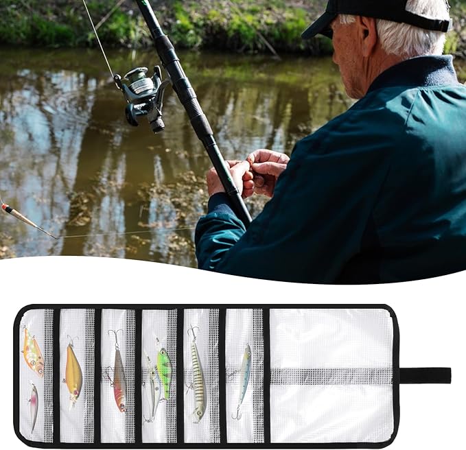 12 Pocket Roll Up Fishing Lure Wraps Set, Portable Durable Lure Bag Clear PVC Lure Wrap Protective Cover Saltwater Hook Covers Fabric Lure Protector Trolling Lure Tackle Box for Fishing Rod
