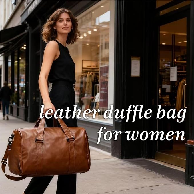 Leather Travel Bag with Shoes Compartment & Wet Pocket, Sports Gym Tote Bag Travel Duffel for Men & Women, Overnight Weekender Bag Waterproof Leather Large Carry On Bag