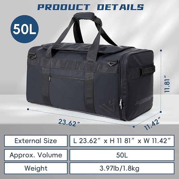 Duffle Backpack Heavy Duty Gym Bag for Men, 50L Convertible Travel Duffel Water Resistant Large Hand Bag for Sport Weekend, Black