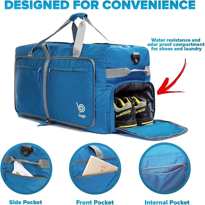 Bago Large Foldable Duffel Bags for Traveling Women & Men - 100L Packable Duffle Bag for Travel with Shoe Compartment - Water Repellant, Heavy Duty, Lightweight Folding & Collapsible (Blue)