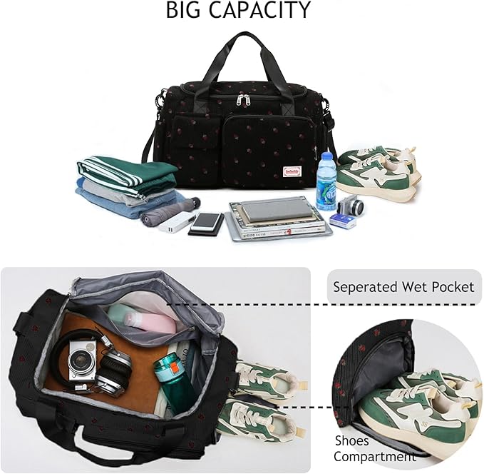 Gym Bag Sport Duffel Overnight Weekender Travel Bag with wet pocket and shoe pocket K02 Black