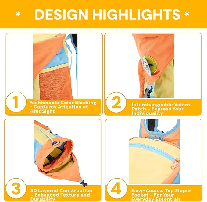 YWYLL Packable 18L Hiking Daypack, Lightweight for Men/Women. Foldable, Water-Resistant, Small Backpack Color Block. (Orange)