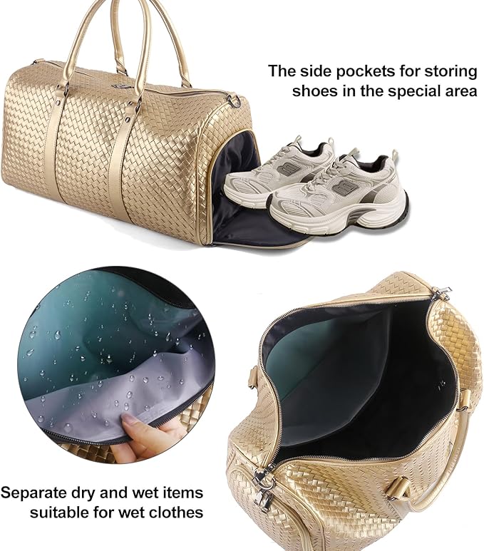 Weekender Bags for Women Woven Leather Travel Duffel Bag with Shoe Compartment, Carry On Garment Bag for Men Women, Large Capacity Water-resistant Gym Tote (Gold)