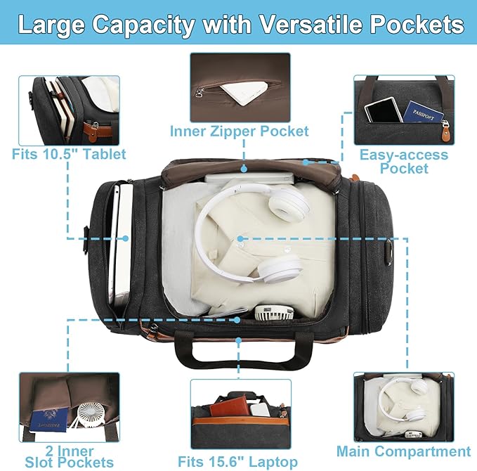 Duffle Bag for Travel, Expandable 50L Canvas Weekender Bag, Overnight Bag Travel Duffel Bag for Men Carry On Luggage with Removable Shoulder Strap, Durable & Water-Resistant