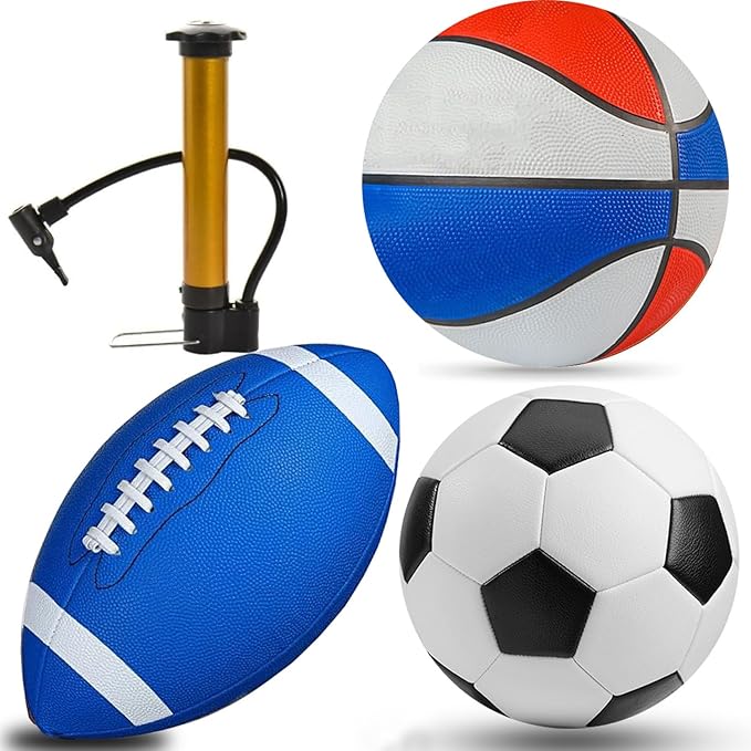 3-Piece Sports Balls Set, Includes Size 5 Basketball, Size 4 Soccer Ball, Size 6 Football & Pump, Sports Equipment Perfect Sports Gift for for Boys, Girls, Teens, and Adults