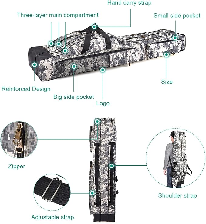 3 Layers Fishing Pole Bag,Portable 3 Layers Oxford Folding Rod Carry Case,Fishing Reel Tackle Storage Bag Case