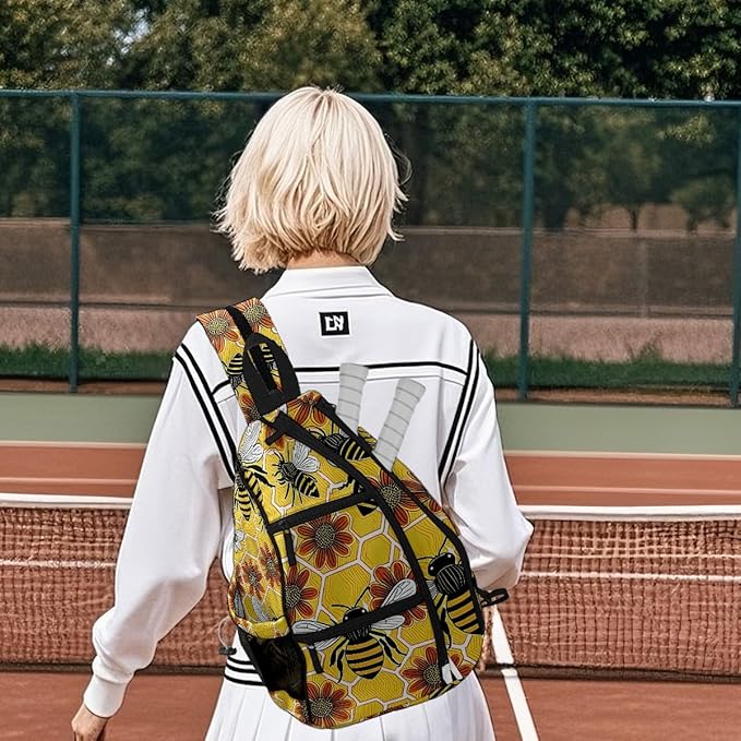 Pickleball Bag Bee Floral Yellow Pickle Ball Backpack for Women Men Premium Lightweight Crossbody Sling Bag Sports Backpack for Pickleball Paddle Tennis