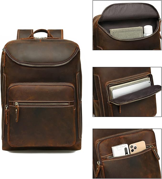 LANNSYNE Vintage Genuine Leather 16" Laptop Backpack For Men Hiking Travel Bag Camping Rucksack