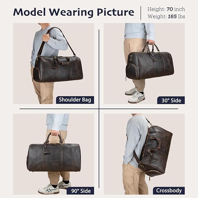 Leather Duffle Bags for Men with Shoe Compartment – 23.6" x 12.6" x 11" Travel Bag, Gym Bag, Also Suitable for Crossbody or Shoulder Carry, Dark Brown Large Size
