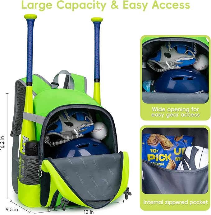 2025 Youth Baseball & Softball Bag | Ultra-Light Tball Backpack with Shoe Compartment & Helmet Holder | Skin-Soft Fabric