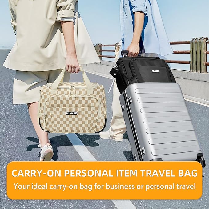 Underseat Carry On Luggage Lightweight Travel Tote Weekender Bag Overnight Duffle Bag for Travel, Travel Essentials Personal Item Travel Bag for Women, Corduroy Khaki Grid-16Inch