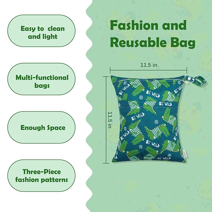 ALVABABY 3pcs Cloth Diaper Wet Dry Bags Waterproof Reusable with Two Zippered Pockets Travel Beach Pool Daycare Soiled Baby Items Yoga Gym Bag for Swimsuits or Wet Clothes 3L-ZM16A