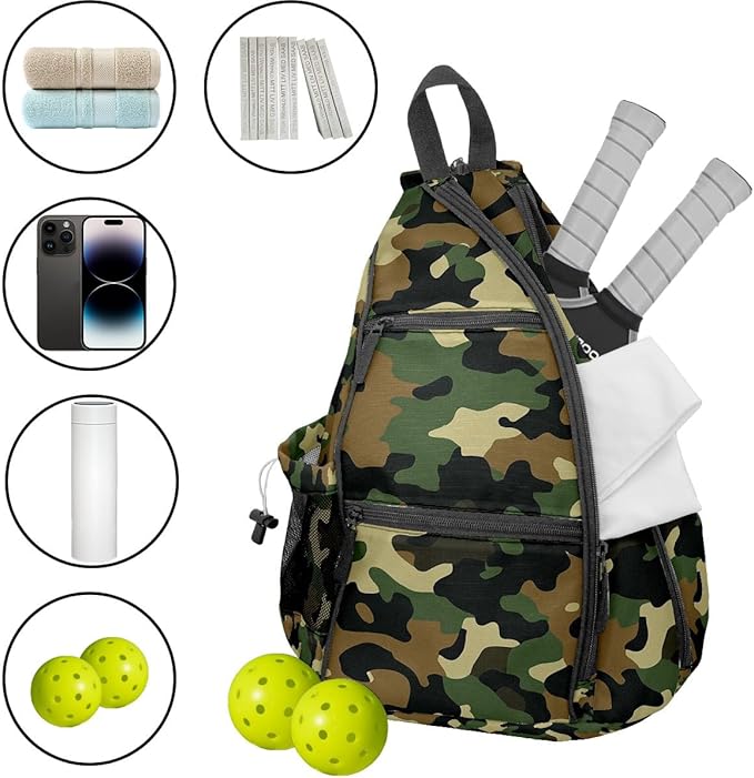 Pickleball Bag Camouflage Green Pickle Ball Backpack for Women Men Premium Lightweight Crossbody Sling Bag Sports Backpack for Pickleball Paddle Tennis