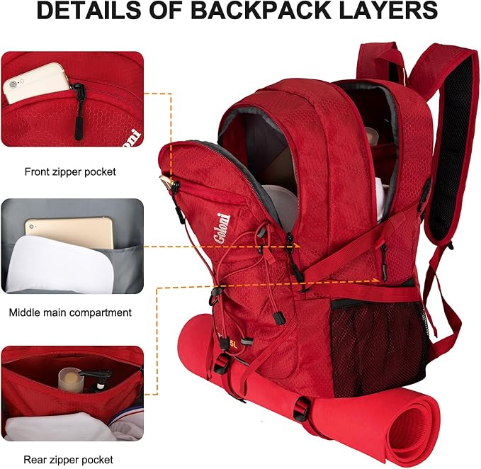 45L Hiking Backpack with Rain Cover, Lightweight Foldable Camping Backpack for Trekking, Water-Resistant Daypack with Hiking Pole & Mat Carrying System,Red