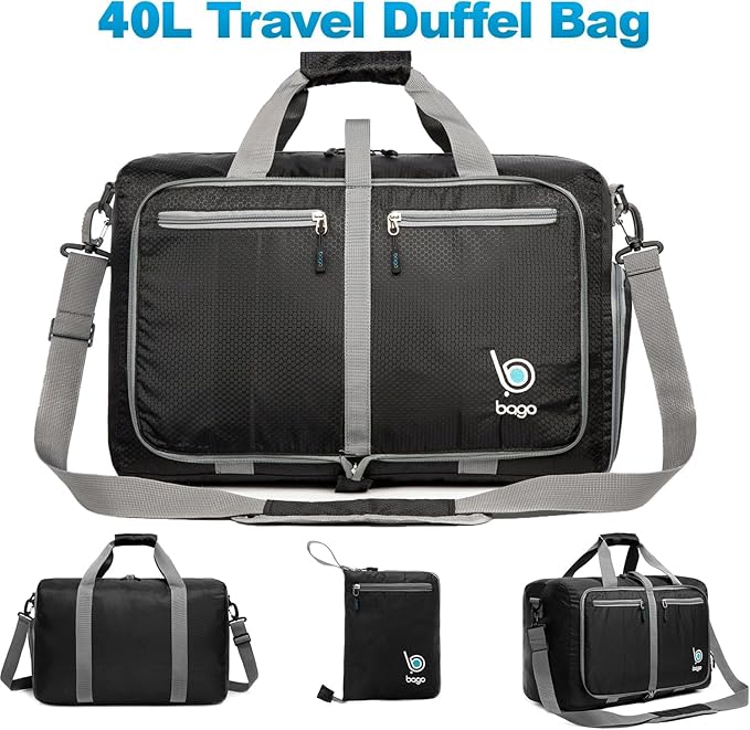 Bago Foldable Duffel Bags for Traveling Women & Men - 40L Sports Packable Duffle Bag for Travel with Shoe Compartment - Water Repellant, Heavy Duty, Lightweight Folding & Collapsible (All Black)