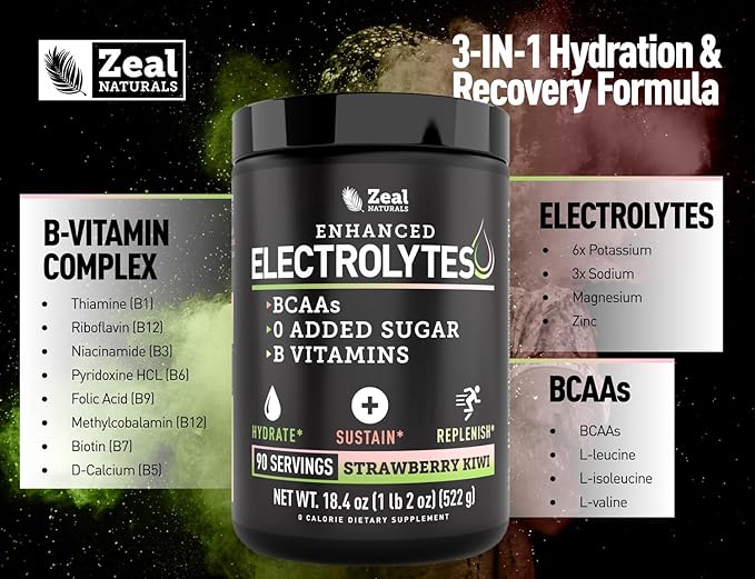 Zeal Electrolyte Powder - 90 Servings | Keto Electrolytes Powder | Zero Sugar, BCAAs, B-Vitamins | Potassium, Zinc, Magnesium | Hydration Powder Recovery Drink | Strawberry Kiwi
