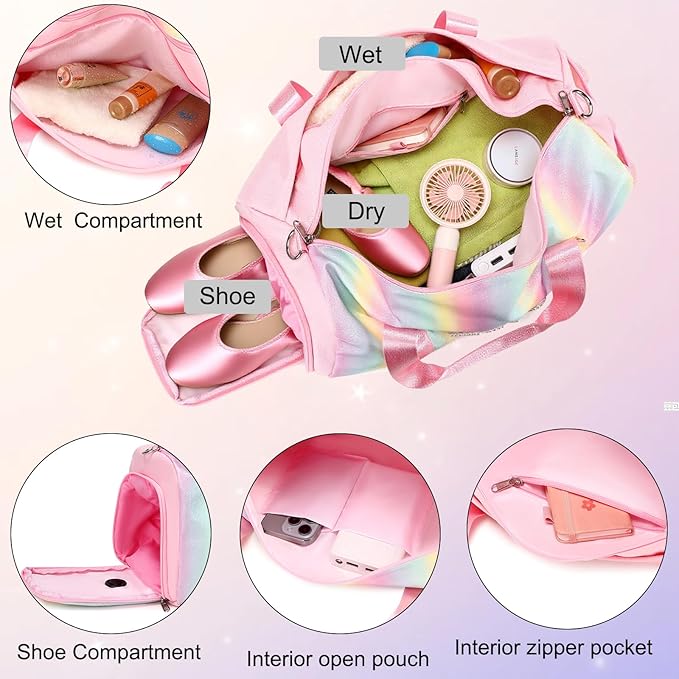 Ballet Dance Bag for Girls Shiny Rainbow Glitter Sports Duffle Bags for Girls Weekender Travel Bag with Waterproof Dry Wet Separated Compartment