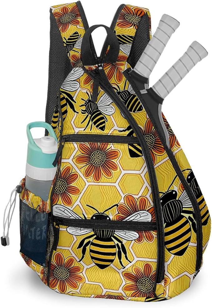 Pickleball Bag Bee Floral Yellow Pickle Ball Backpack for Women Men Premium Lightweight Crossbody Sling Bag Sports Backpack for Pickleball Paddle Tennis