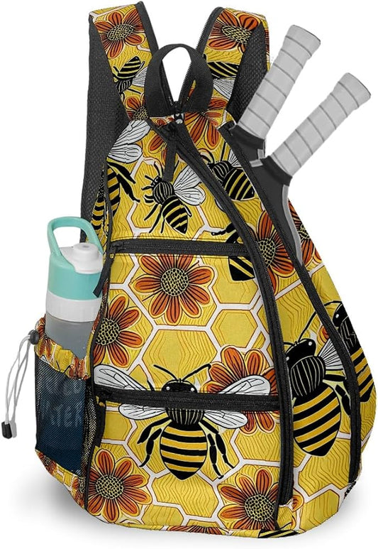 Pickleball Bag Bee Floral Yellow Pickle Ball Backpack for Women Men Premium Lightweight Crossbody Sling Bag Sports Backpack for Pickleball Paddle Tennis