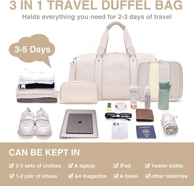 3-in-1 Leather Duffle Bag with Toiletry and Shoe Compartment, Weekender Overnight Gym Bag for Men and Women, Carry On Fits Most 15.6 Inch Laptops(Beige)