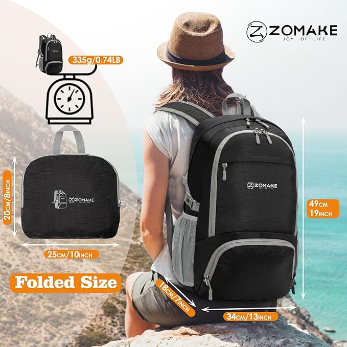 ZOMAKE Lightweight Packable Backpack 30L, Foldable Hiking Backpacks Water Resistant Compact Folding Daypack for Travel(Pure Black)