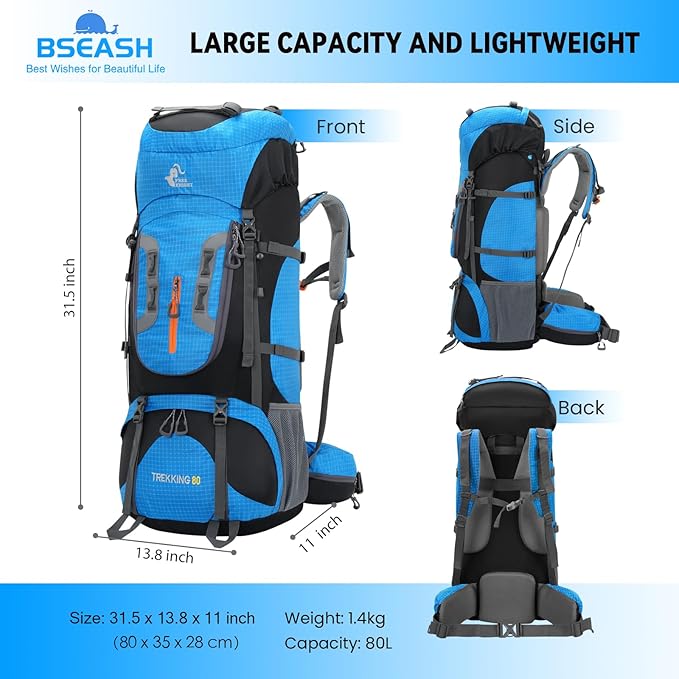 Bseash 80L Waterproof Hiking Camping Backpack with Rain Cover, Lightweight Outdoor Sport Travel Daypack for Climbing Touring (Blue)