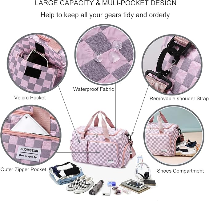 Weekender Duffel Sport Gym Bag Overnight Travel duffle Bags with Shoe Compartment Wet Pocket Tartan-Pink