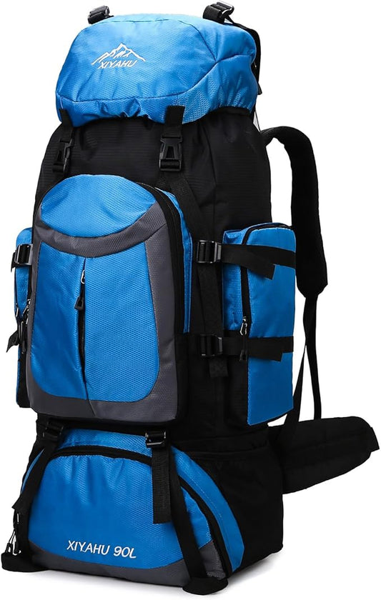 Lawaia 90L Hiking Backpacks Camping Waterproof Backpacking Travel Bag Trekking Back Pack Large Capacity Internal Frame Outdoor Daypacks Rucking Backpack Climbing Ruck Sack for Men Women-Sky Blue