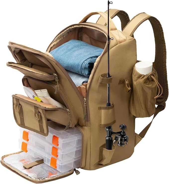 Hp hope Fishing Backpack with Rod Holders & Cooler, 40L Fishing Tackle Bag Fishing Tackle Storage Backpack Fishing Gear for Camping, Khaki