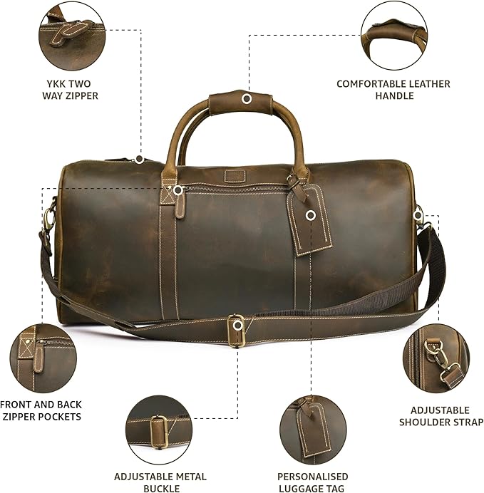 Leather Village Premium Leather Duffel Bags for Men & Women-Stylish Travel Weekender Carry-On Sports Gym Overnight Luggage Bag - 24 Inch - Olive/Army Green