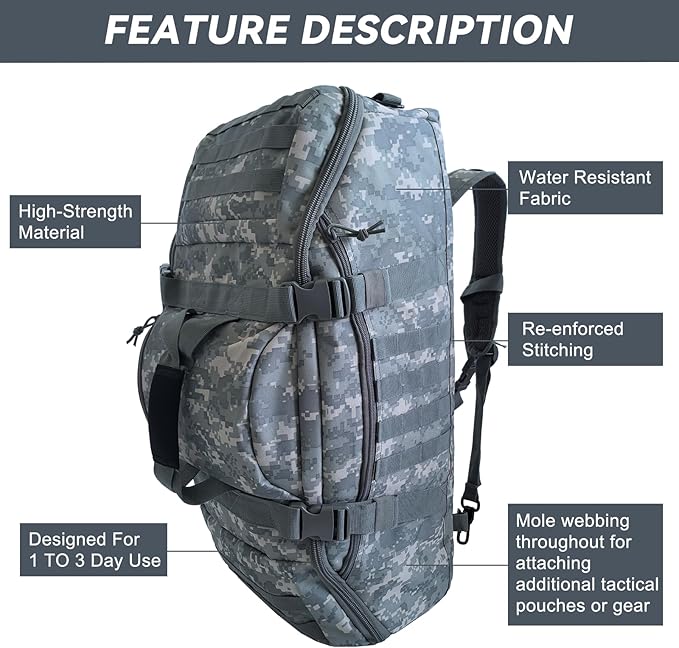 65L Large Duffle Bag, 3-in-1 Tactical Backpack MOLLE Pack for Sports, Gym, Outdoor, ACU