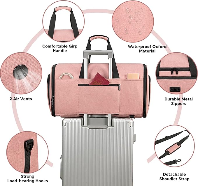Convertible Garment Bags for Travel, 58L Capacity Garment Duffle Bag Carry on Garment Bag Weekender Travel Backpack, 4 in 1 Suit Bag with Shoes Compartment for Men Women,Pink