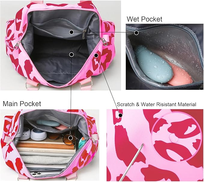 Weekender Duffel Sport Gym Bag Overnight Travel duffle Bags with Wet Pocket-Cow Print Pink