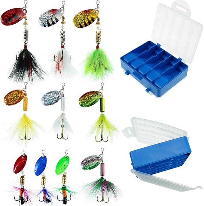 FouceClaus 10pcs Spinner Lures Baits with Tackle Box, Bass Trout Salmon Hard Metal Rooster Tail Fishing Lures Kit