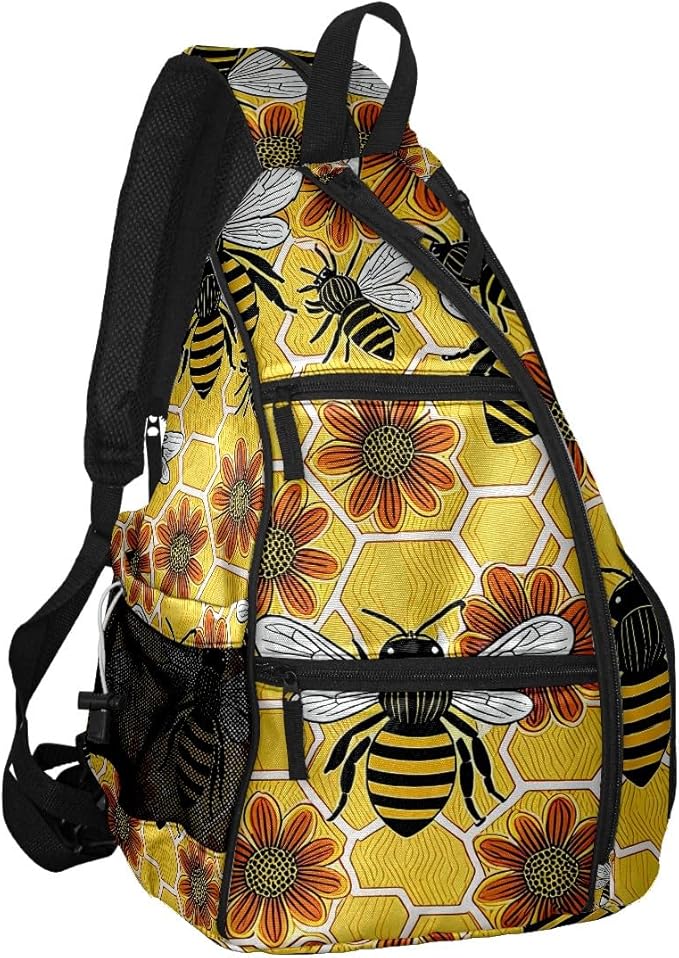 Pickleball Bag Bee Floral Yellow Pickle Ball Backpack for Women Men Premium Lightweight Crossbody Sling Bag Sports Backpack for Pickleball Paddle Tennis