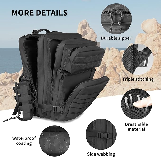 45L Tactical Backpack For Men Highland Assault Large Army Pack 3 Day Molle Bug Out Bag With Water Cup Bag Outdoor Camping Hiking Daypack Military Rucksack Black