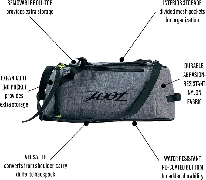 Zoot Ultra Tri Duffel, Triathlon Transition Bag or Backpack, with Wet Storage for Men & Women, Travel, Gym, Race Day, Grey