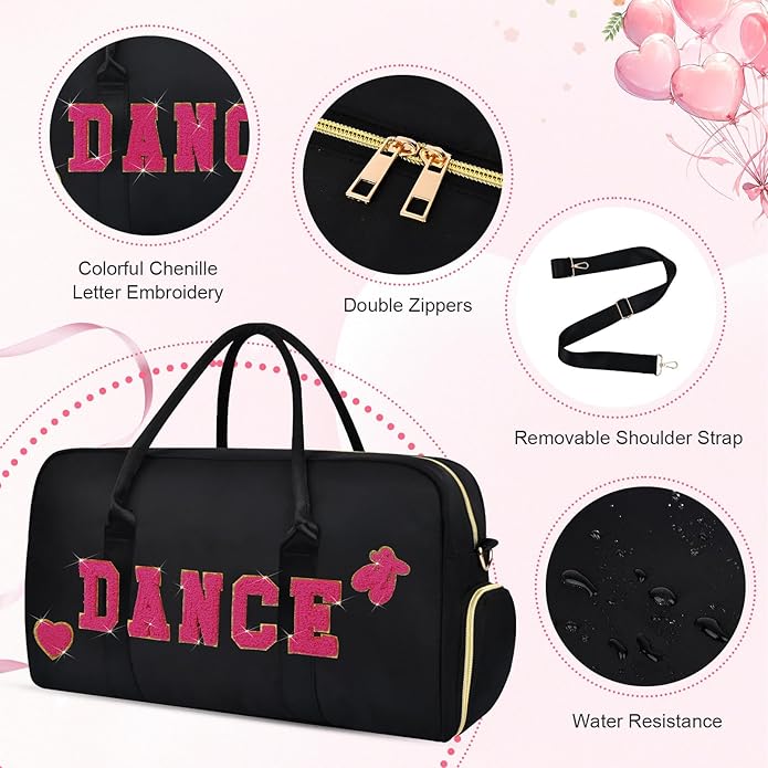 Dance Bag for Girls 2PCS Ballet Cheer Bag with Shoes Compartment Chenille Letter Embroidery for Dancer Travel Overnight bag