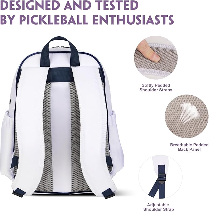Pickleball Backpack, 30L Pickleball Bag Waterproof Large 3-Racket Tennis Sports Bag with Shoe Compartment & Insulated Pocket, Paddle Holder, Premium Sturdy Durable Bag for Men & Women (White)