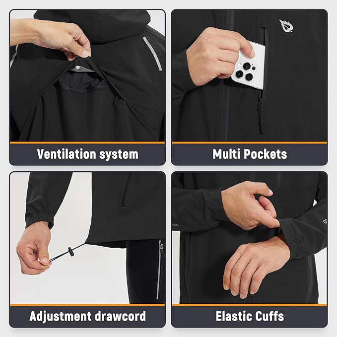 baleaf Men's Rain Jacket Waterproof Windbreaker Raincoat Running Cycling Hiking Gear Hood Lightweight Reflective Packable