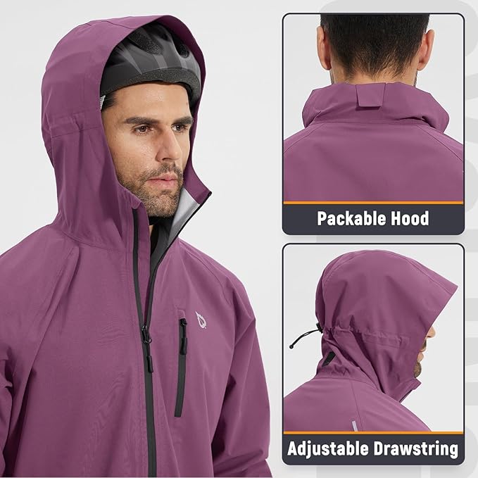 baleaf Men's Rain Jacket Waterproof Windbreaker Raincoat Running Cycling Hiking Gear Hood Lightweight Reflective Packable
