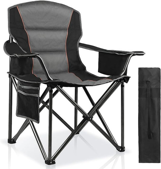 Oversized Padded Camping Chairs for Adults,Heavy Duty Support 400 Lbs,Folding Portable Lawn Chair w/Cup Holder,Cooler Bag,Side Pocket,Perfect for Outdoor Picnic,Hiking(Black)