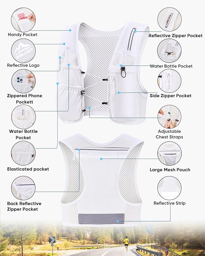 Zelvot Running Vest for Women Men, USA Original Patent, Adjustable Chest Straps Running Hydration Vest with 500ml Soft Flask, Lightweight Reflective Hydration Backpack for Marathon