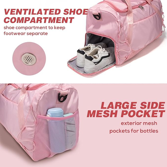 Gym Bag for Women Men Duffle Bag for Travel with Shoes Compartment and Wet Pocket Small Carry on Weekender Bags for Sports Overnight Fitness Yoga Dance Workout Swimming Hospital Tote (Pink)