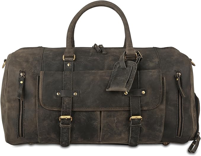 KomalC 24 Inch Leather Duffle Bags for Men and Women Travel Overnight Weekend Bag Sports Gym Duffel for Men (Charcoal Black With Shoe Pocket)