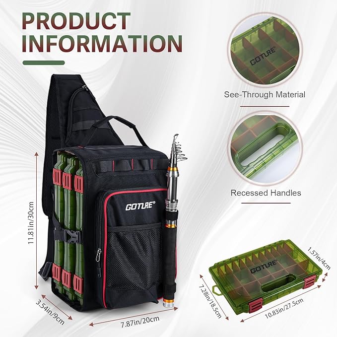 Goture OpenSide Tactical Sling Tackle Bag with 3 Tackle Trays, Lightweight Fishing Backpack Storge Gear - Black Bag Outdoor,Gift for men