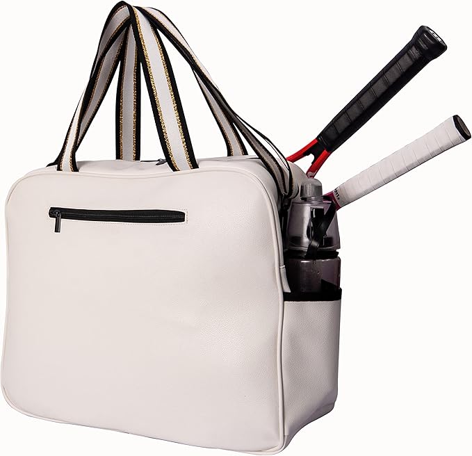 White PU Leather Women Large Sports Handbag Tennis Racket Shoulder Bag Tennis Tote Bag for 2 Rackets, with Water Bottle Holder