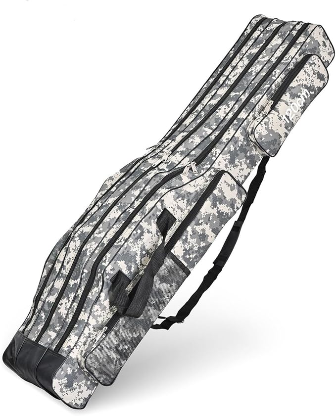 3 Layers Fishing Pole Bag,Portable 3 Layers Oxford Folding Rod Carry Case,Fishing Reel Tackle Storage Bag Case